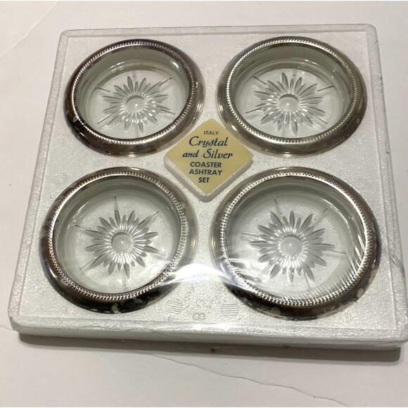 Vintage Crystal and Silver Coaster & Ashtray Set W & S Blackinton Co In Box - Picture 1 of 9